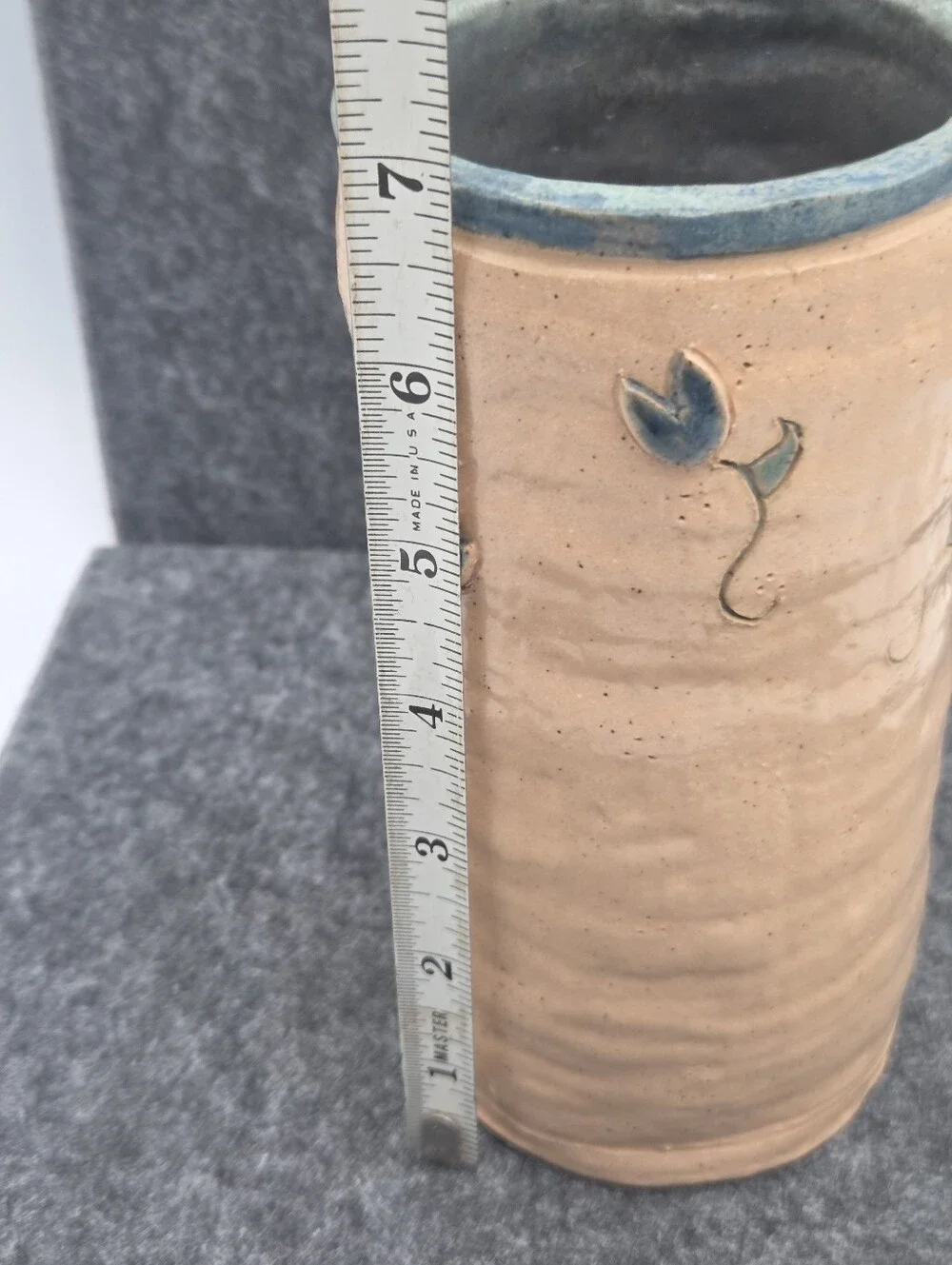 Vintage Hand Thrown Studio Pottery Stoneware Tumbler / Vase Blue Flowers Signed